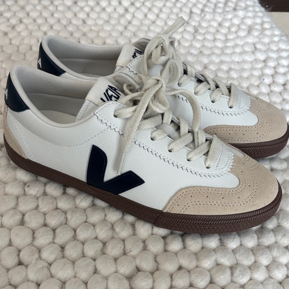 Veja White, Beige & Navy V-10 Sneakers with Brown Sole